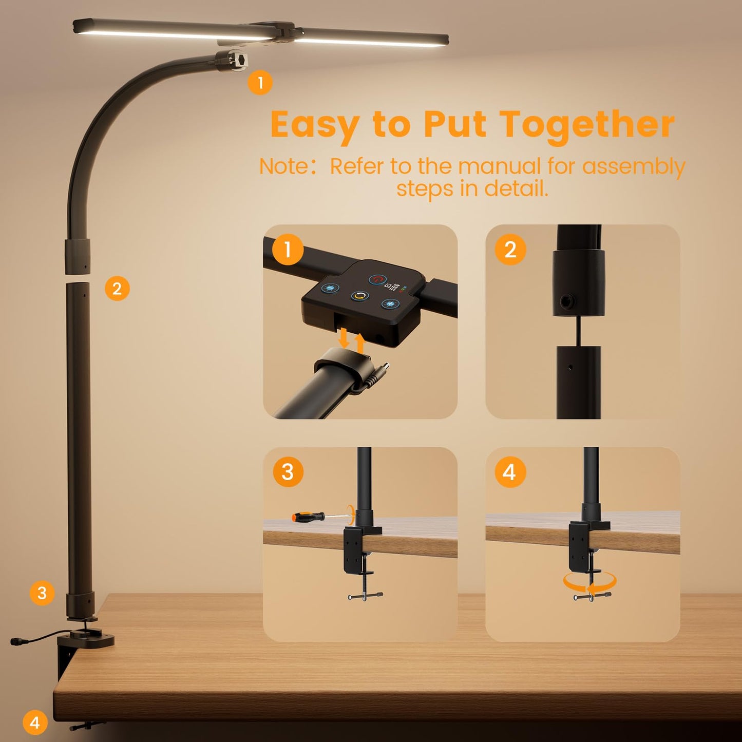 APMIEK LED Desk Lamp for Home Office, 24W Computer Desk Light with Remote Control, Bright Table Lamp with Clamp Dimmable Tall Desktop Lighting with Bendable Gooseneck, Double Head, Black