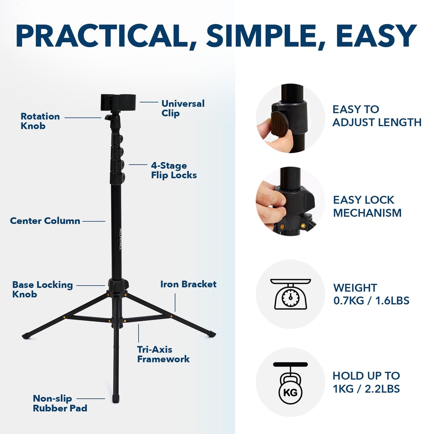 RELMITALL Hair Dryer Stand – Heavy Duty 26-74 Inch Adjustable Blow Dryer Holder with Non-Slip Tripod and Universal Clip – Hands Free for Frozen Shoulder, Arthritis, and Wrist Pain Relief