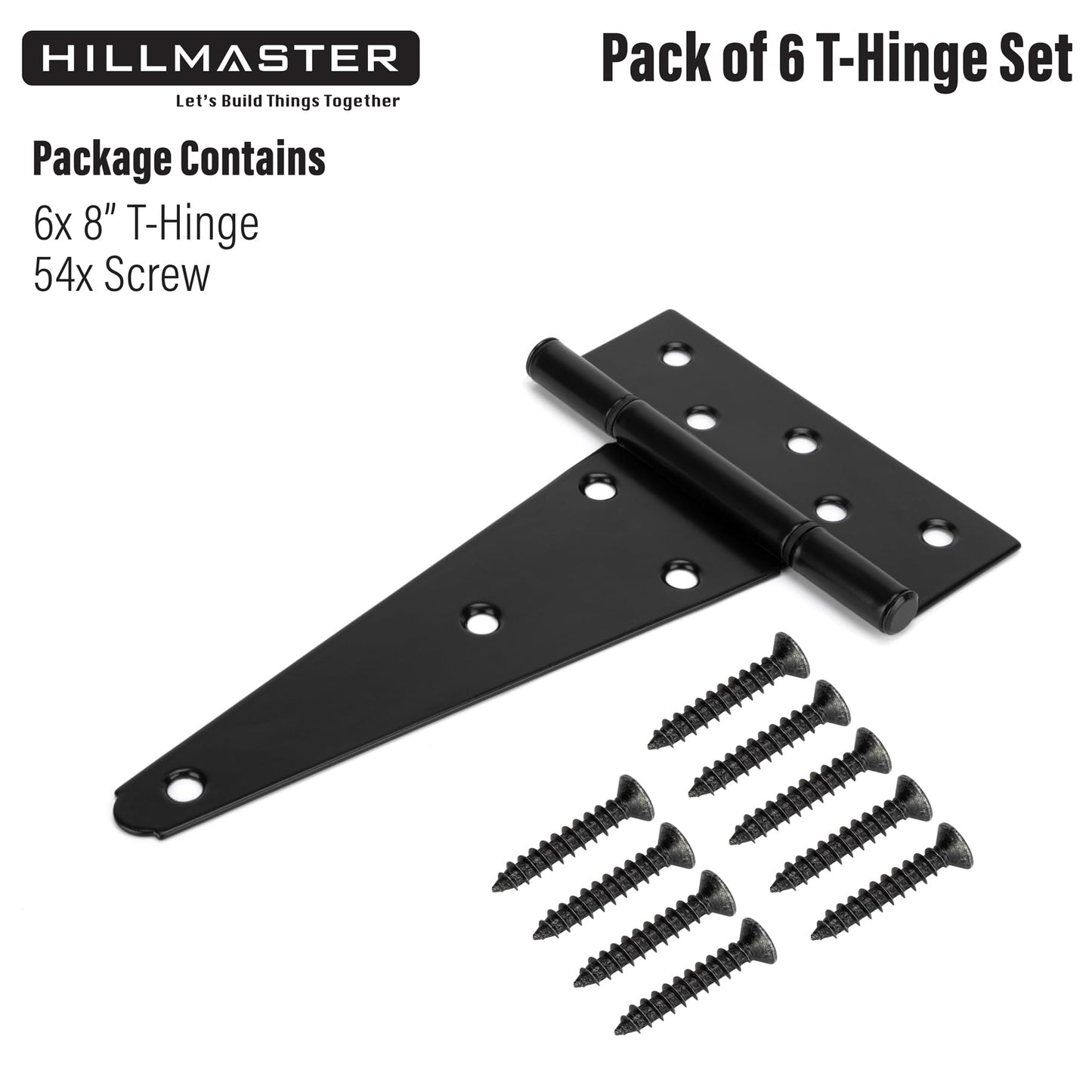 HILLMASTER 8 Inch T-Strap Heavy Duty Shed Door Hinges Gate Strap Hinges Black Tee Hinge Wrought Hardware for Wooden Fences,Yard,Barn Door,Rustproof (6 Pack)