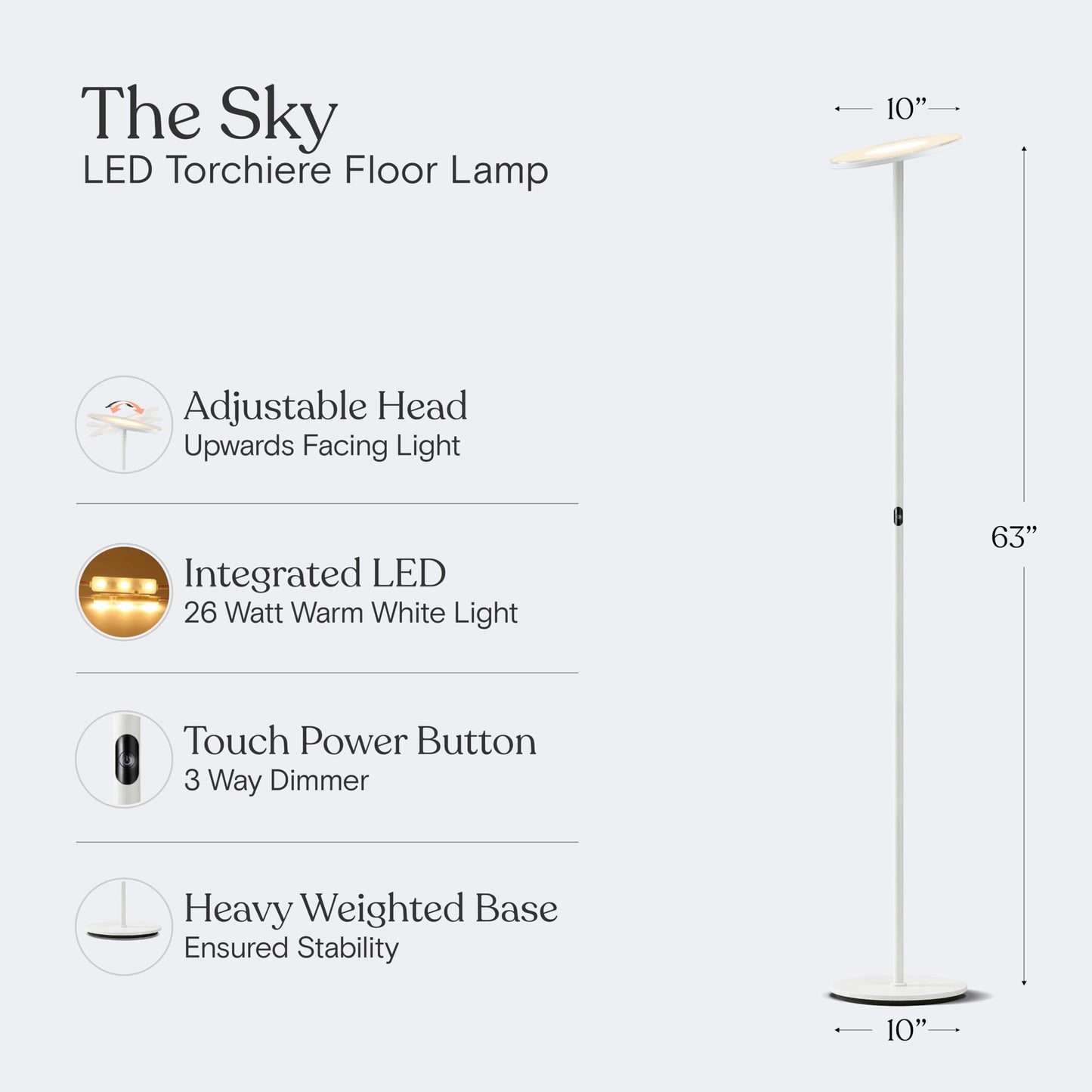 Brightech Sky LED Floor lamp, Torchiere Super Bright Floor Lamp for Living Room Decor & Office - Dimmable, Tall Standing Lamp with Warm Light for Bedroom & Reading - White