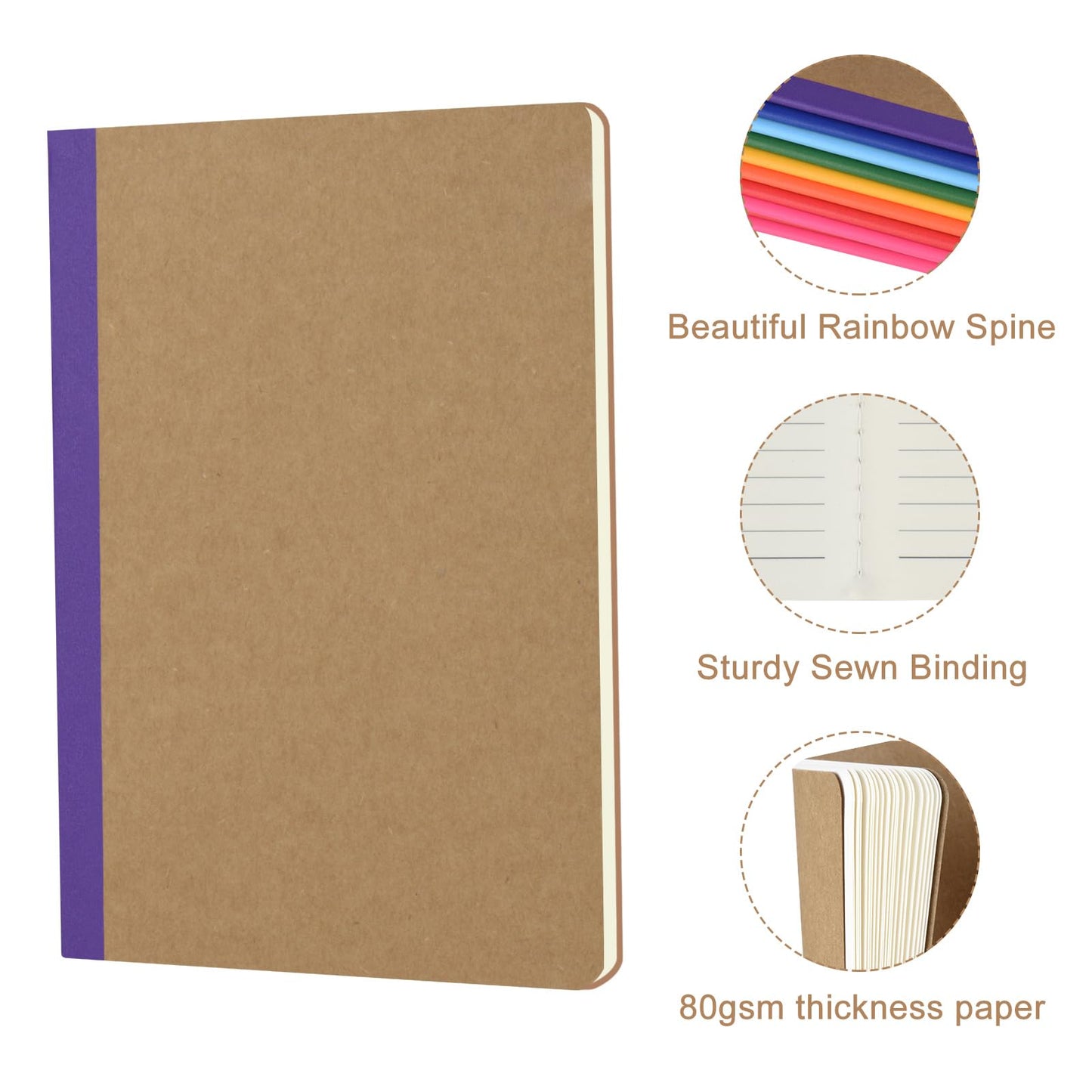 ZCZN 100 Pack Composition Notebooks Bulk, A5 Kraft Cover Lined Journals with Rainbow Spines for School, Business, Work and Daliy Use (100, 10 colors)
