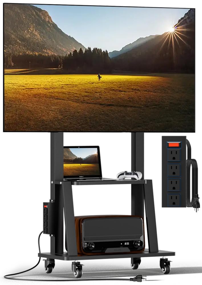 Duiliuu Mobile TV Cart with Power Outlet, Rolling TV Stand on Wheels for 32-75 inch Television, Mobile TV Stand Height Adjustable,15° Adjustable Viewing Angle,Max 130LBS, Vesa max 600×400