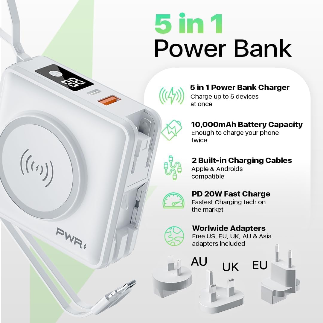 PWR Travel PRO 5-in-1 Power Bank – 5-in-1 PD 20W USB C Power Bank – 15W Fast Charging Wireless Portable Charger – Travel Power Bank with 10,000mAh Battery – Compatible with Lightning, USB-C (White)