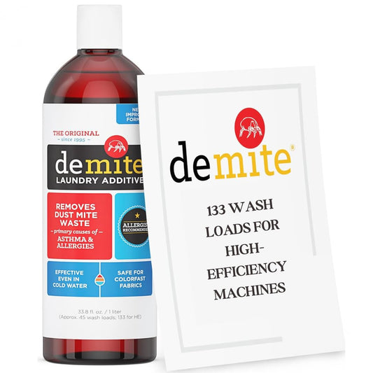 DeMite Laundry Additive - Dust Mite Waste Remover for Allergy Relief, Treatment for Bedding & Clothes, Safe for Children & Pets, Fragrance-Free Gentle Formula, Use with Any Laundry Detergent, 1 Liter