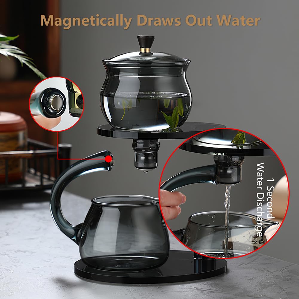 Lazy Kungfu Drip TeaPot, Heat Resistant Tea Set, Semi-Automatic Glass Teapot Suit for Magnetic Water Flow Wooden Glass Teapot Set (Bamboo Glass handle)