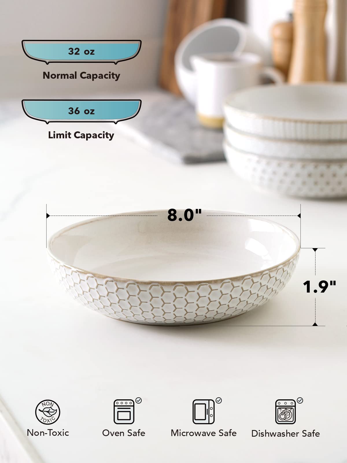 LE TAUCI Pasta Bowl 36 oz, Salad Bowl Serving Plate Bowls, Housewarming Wedding Present, Ceramic Embossment Bowl for Pasta, Fruits, Salad, Noodle, Dinner - 8 Inch, Set of 4, Arctic White