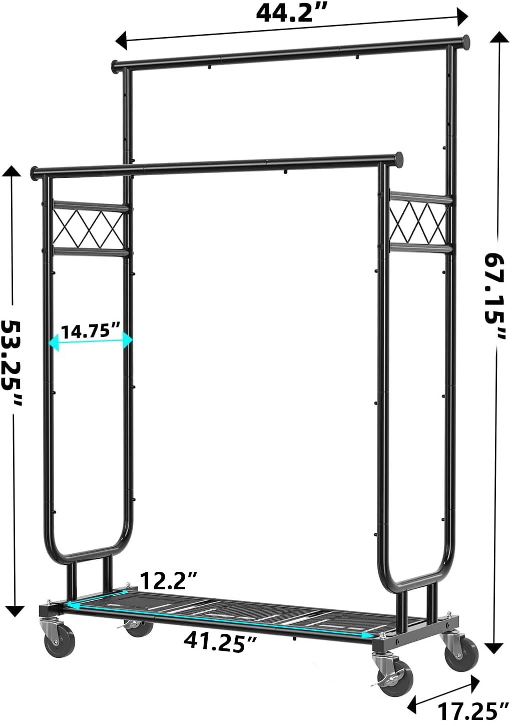 Ekisemio Heavy Duty Clothes Rack, Rolling Clothing Rack With Shelves Load 450 LBS, Double Rod Clothing Racks with Wheels for Hanging Clothes, Black