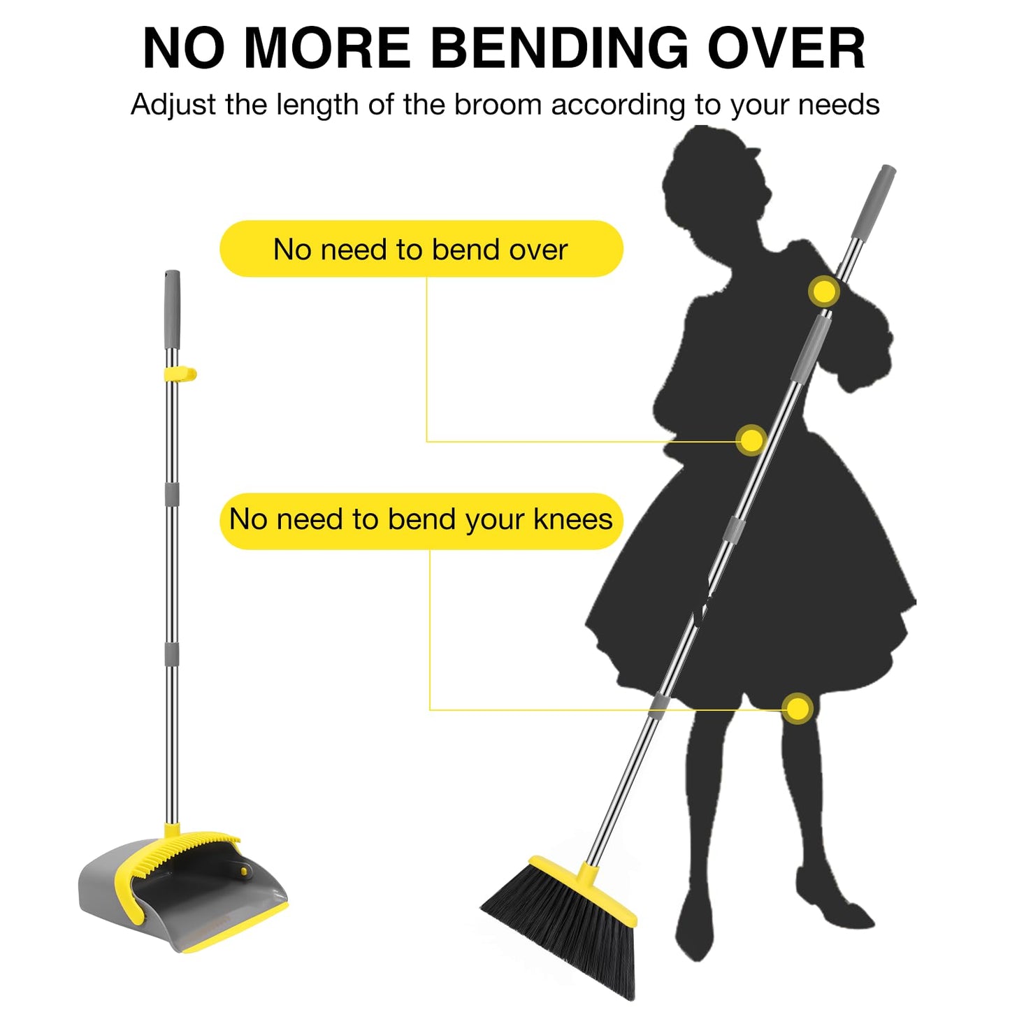 NACENA Broom and Dustpan Set, 52-in Long Adjustable Handle Broom Dustpan Combo with Dustpan Teeth to Automatically Clean Hair Suitable for Home Kitchen Office Hall Floor (Grey&Yellow), 4 Pack