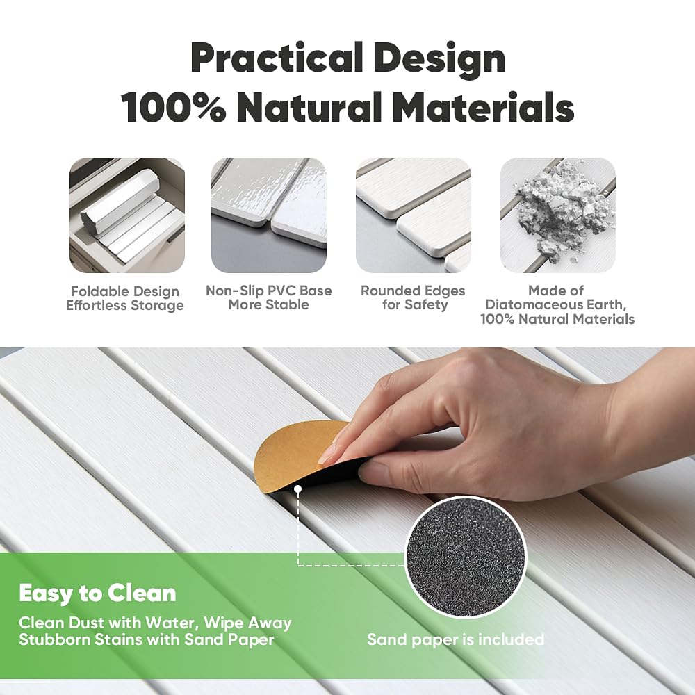 Stone Drying Mat for Kitchen Counter, Quick Diatomaceous Earth Mats for Dishes, 24"L x 16" W Super Absorbent Fast-Drying Collapsible Countertop Stone Mat (White, 24" x 16")