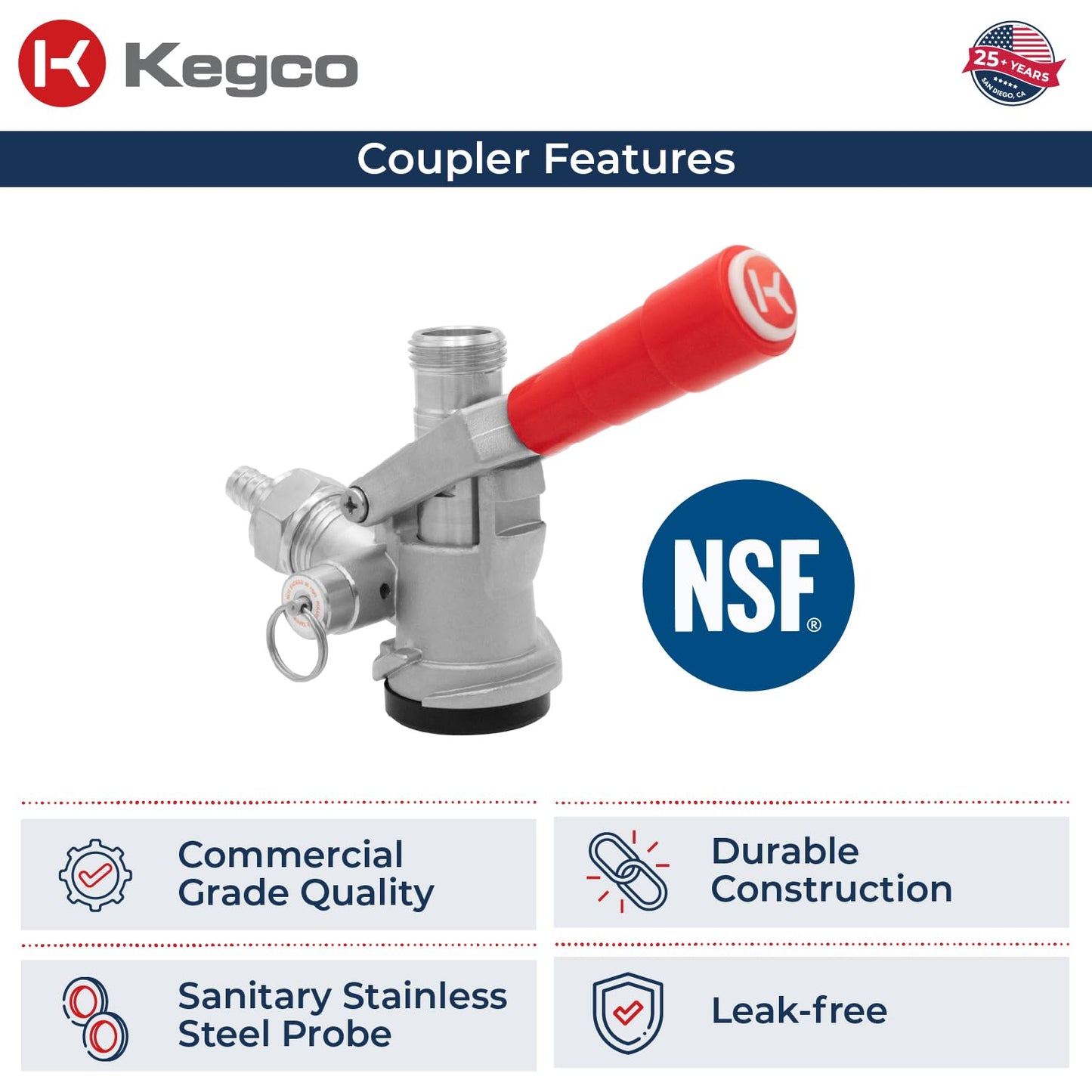 Kegco Beer Keg Coupler D System Tap - Red Lever Handle