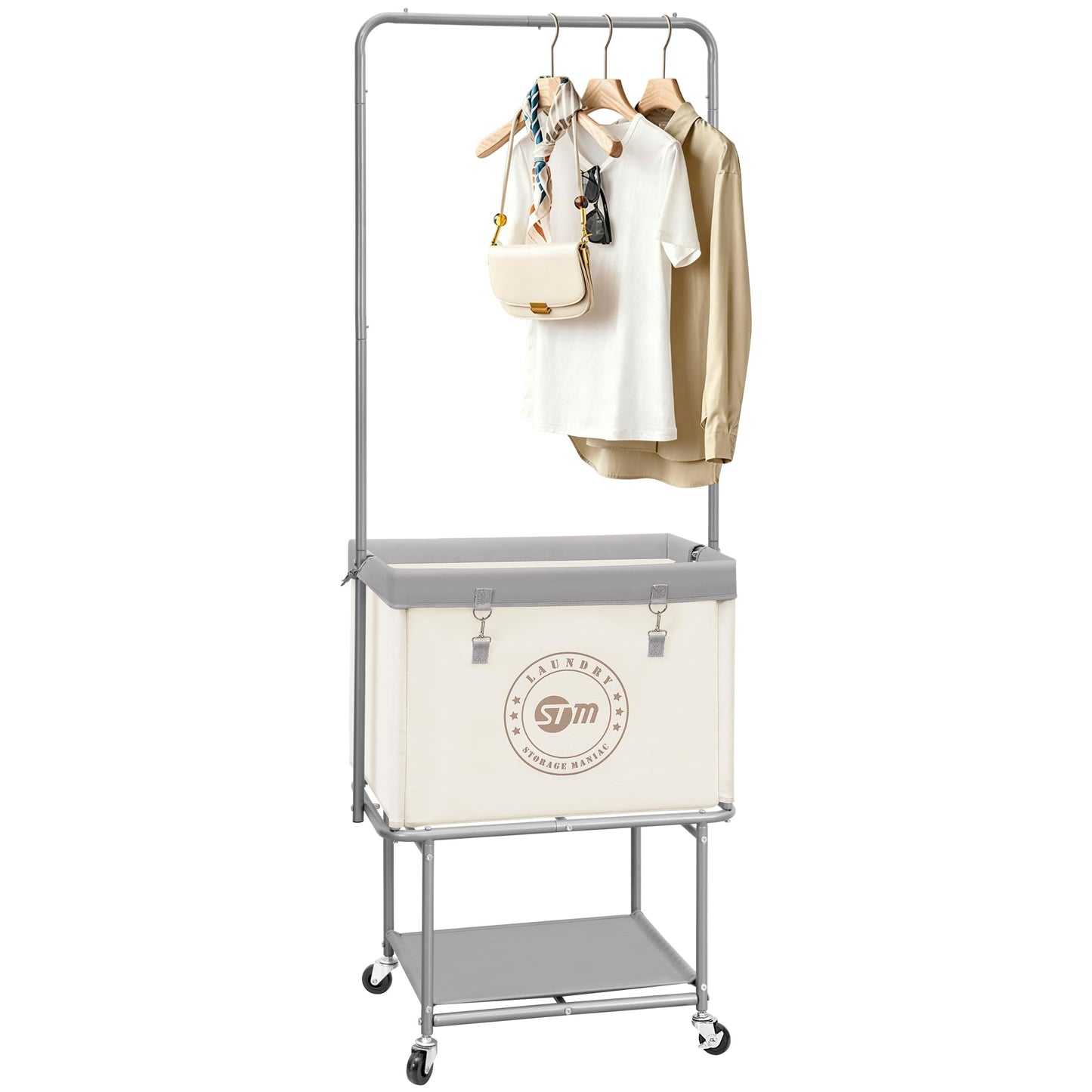 STORAGE MANIAC Rolling Laundry Cart with Hanging Bar & Storage Shelf, 110L Heavy Duty Large Laundry Basket with Clothes Hanging Rod, Study Clothes Hamper with Lockable Wheels, Beige