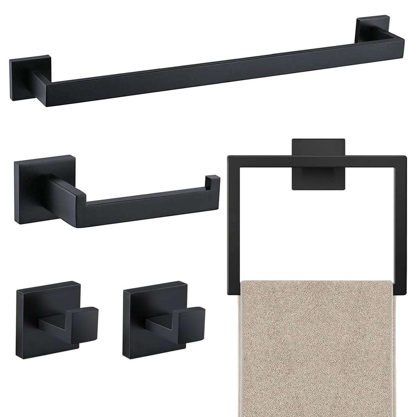 JOPOFI 5 Piece Bathroom Towel Bar Set - 23.6 Inch Bathroom Towel Holder, Thicken Stainless Steel Towel Racks for Bathroom Wall Mounted, Bathroom Hardware Accessories Set - Matte Black