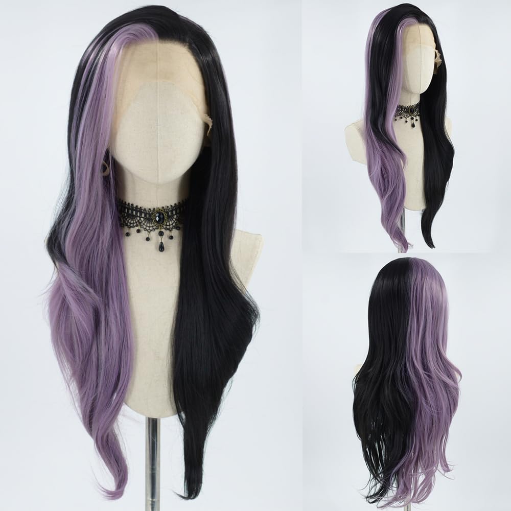 ZHYWIGS Synthetic Lace Front Wigs Long Highlight Purple Black Split Hair Heat Resistant Half Black Purple Side Part 24Inch Long Party Wigs