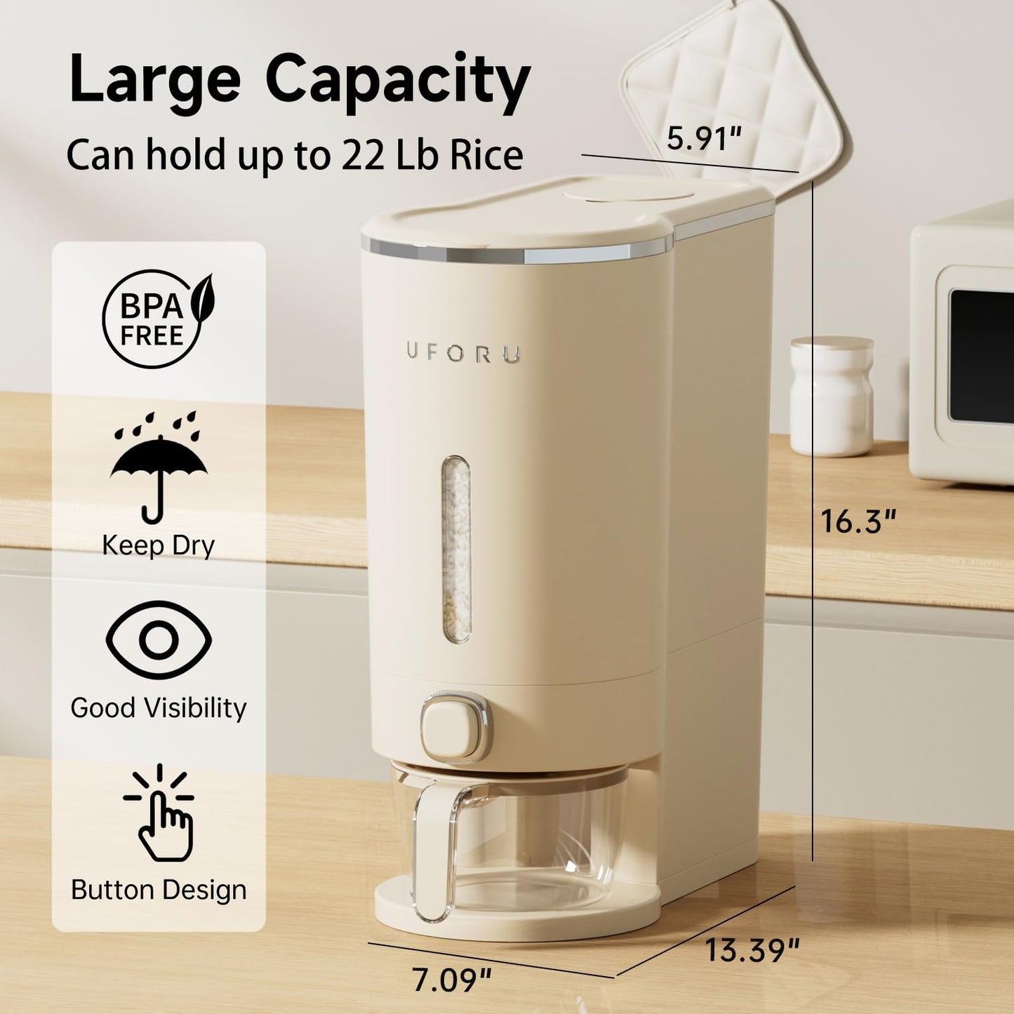 UFORU Rice Dispenser, 22 Lbs Rice Storage Container with Measuring Cup for Kitchen Pantry Household, Cereal Dry Food Storage Containers Airtight, Sealed Moisture Proof, Cream White
