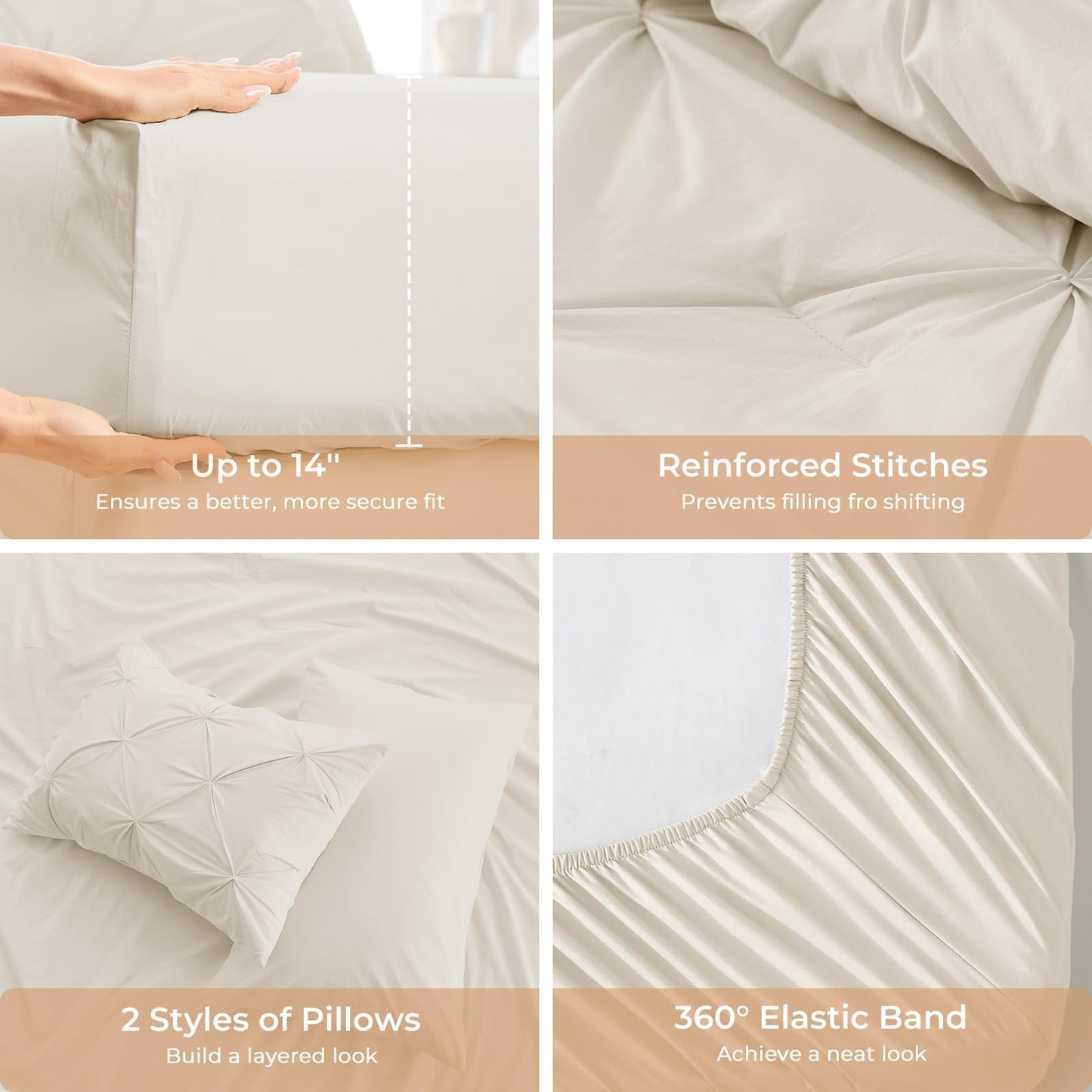 Sasttie King Size Comforter Set, 7-Piece Bed in a Bag, Pintuck Bedding Set for All Season, Includes Comforter, Flat Sheet, Fitted Sheet, Pillowcases and Pillowshams, Beige