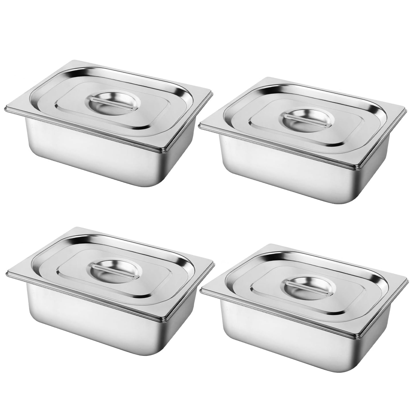 West Bay 4 Pack 1/2 Half Size Hotel Pan, 4'' Deep Steam Table Pan with Lid, 12.8''L x 10.4''W Stainless Steel Pans for Home, Party, Hotel, Buffet