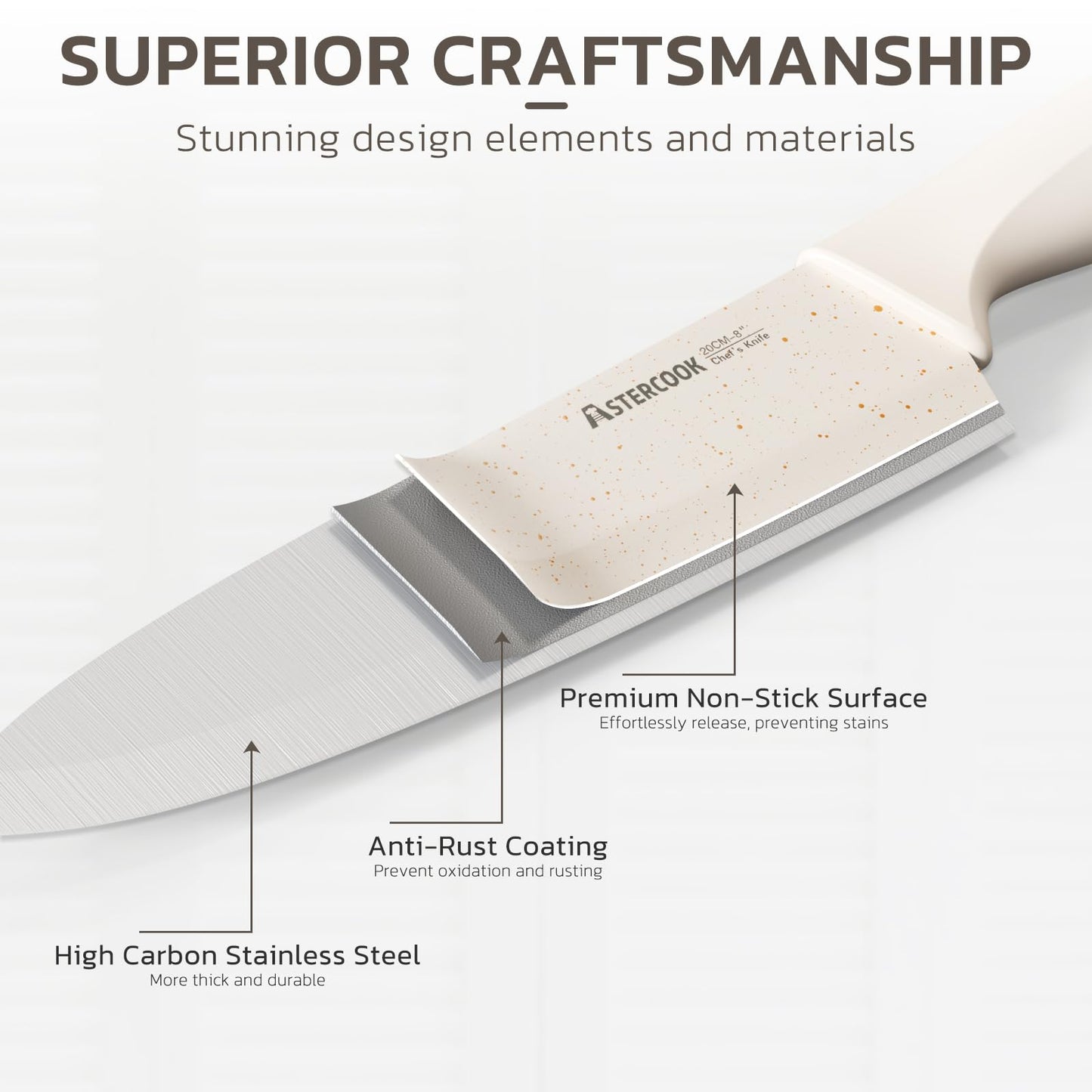 Astercook Knife Set, 15 Pieces Kitchen Knife Set with Sharpener Block, German Stainless Steel Knives with Anti-Rust Coating, Dishwasher Safe, Elegant Cream White Design, Perfect for Holiday Gifts