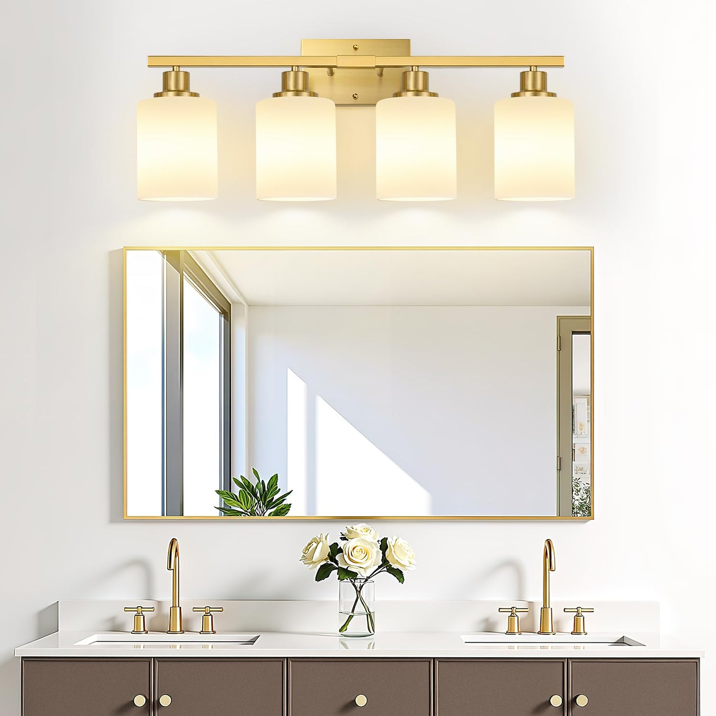 MOKATNG 4-Light Bathroom Light Fixtures, Brushed Gold Vanity Light with Milky White Shades, Bathroom Lighting Fixtures Over Mirror, Modern Bathroom Wall Lamp for Mirror Living Room Cabinet Bedroom