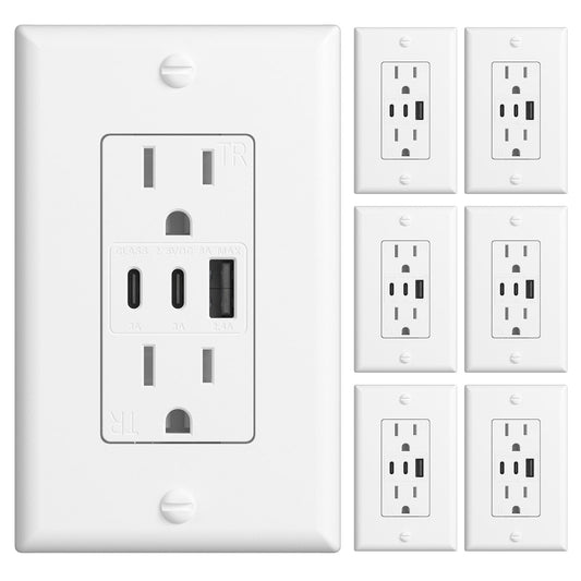 Amico 6.0A USB Outlet, 3-Port 30W Wall Outlets with 2 Type C & 1 Type A, 15 Amp Receptacle Plug, Tamper Resistant Receptacle, Wall Plate Included, ETL Listed, White, 6 Pack