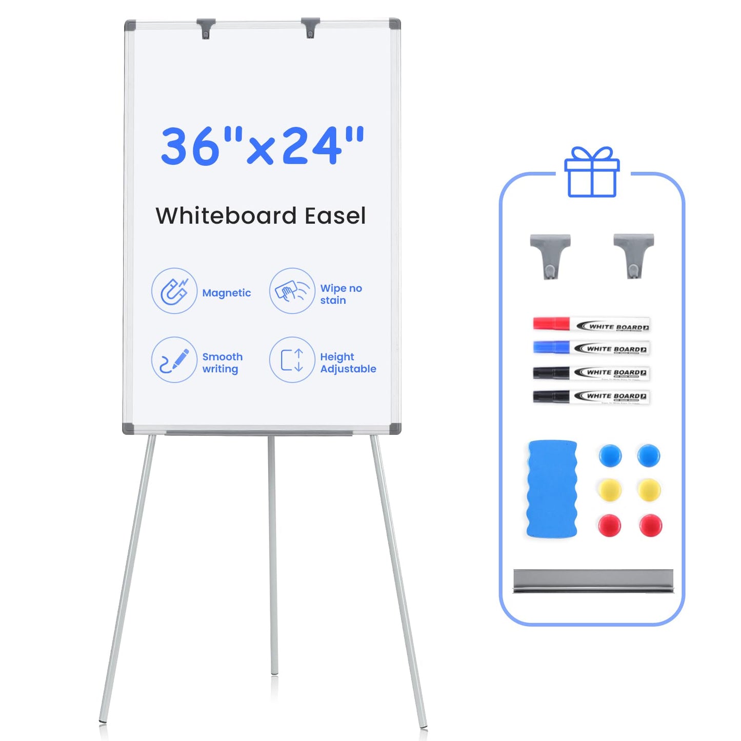 MAKELLO White Board with Stand, Portable Whiteboard Easel 3'x2' for Office Classroom Home School, Adjustable Height, Aluminum Frame, 36x24in