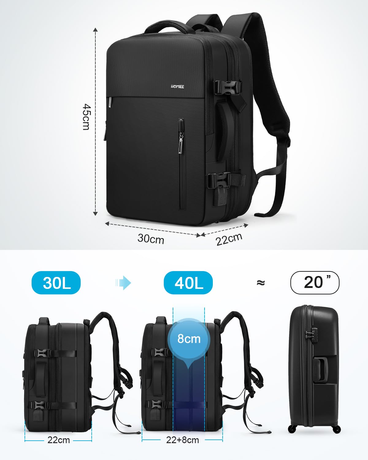 HOMIEE 40L Expandable Carry on Backpack Fit 15.6 Inch Laptop with USB Charging Port for Business Weekender, TSA Approved Personal Item Travel Backpack Waterproof Luggage Suitcase