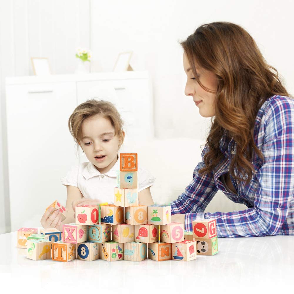 Gemileo - ABC Wooden Building Blocks for Toddlers 1-3 36 Pieces Wooden Alphabet Number Blocks for Stacking Learning Preschool Educational Montessori Sensory Toys for Kids