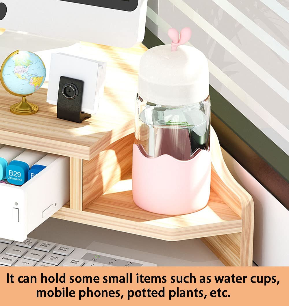 KUAIYU Triangle Monitor Stand Riser,Cut Triangle Save Space Desktop Corner,Desktop corner shelf with drawers wooden computer stand with storage laptop risers office organization. (Have drawers)