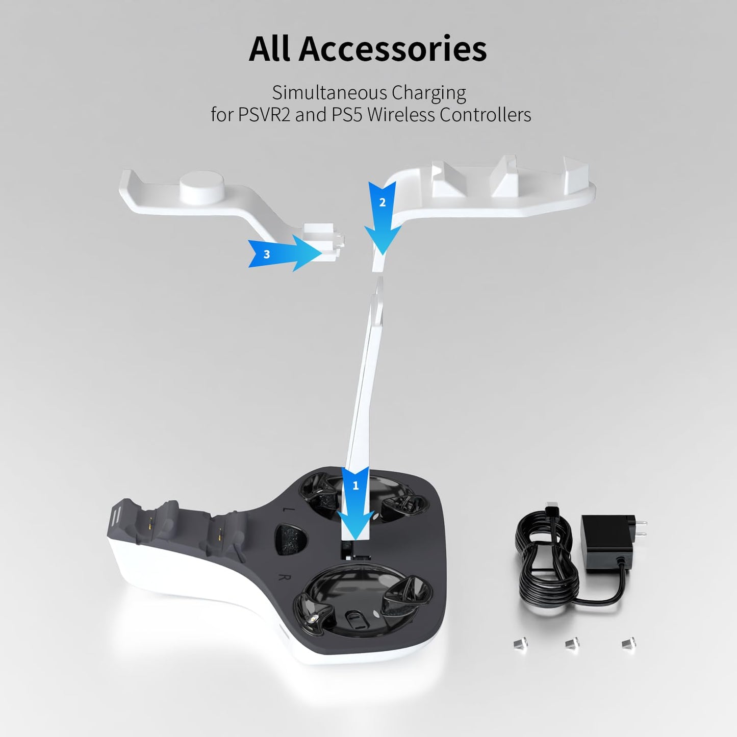 4-in-1 Controller Charging Station for PSVR2 and PS5, Dual Charging Dock with VR Headset Display Holder and Headphone Rack, LED-Charging Indicator, AC Power Adapter, RGB Lights, 3 Magnetic Connector