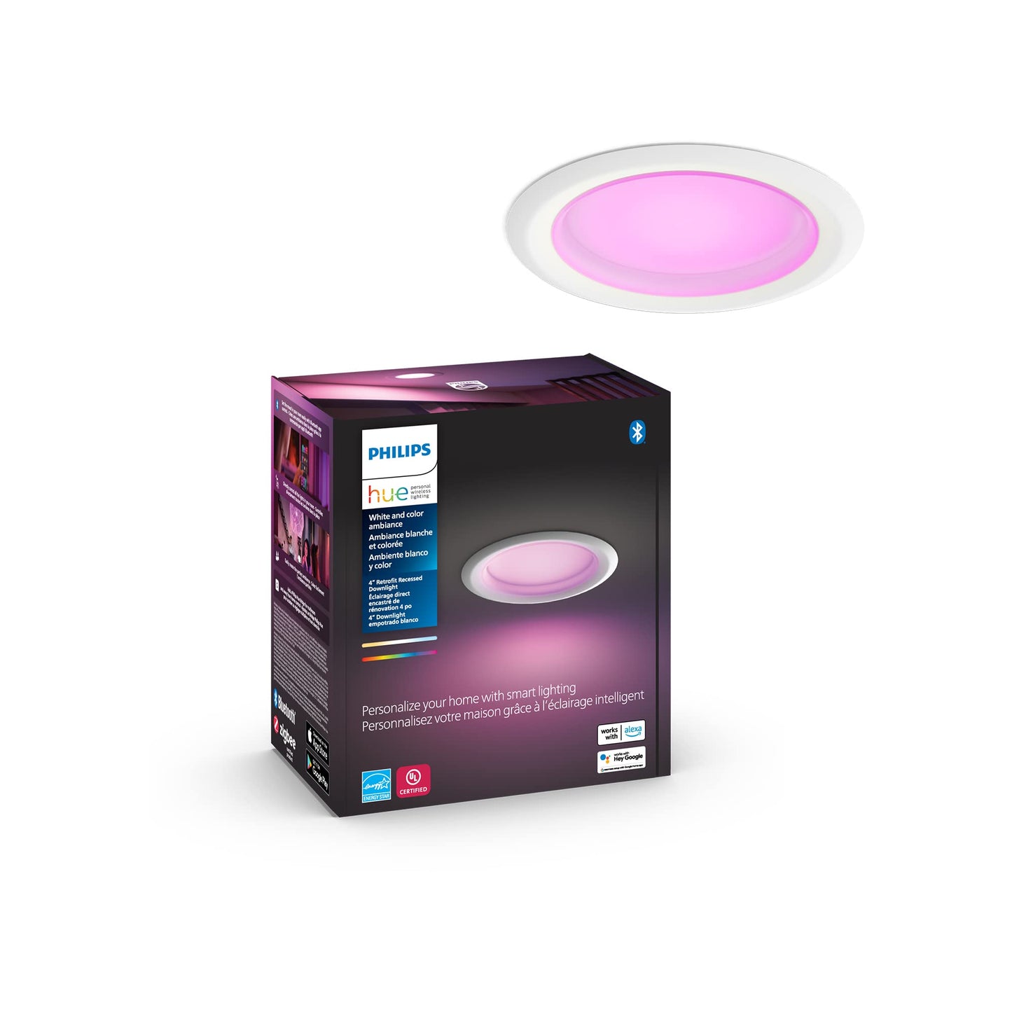 Philips Hue Smart Retrofit Recessed Lighting 4 inch - White and Color Ambiance Color-Changing Light - 850 Lumen - Control with Hue App - compatible with Alexa, Google Assistant, Apple Homekit - 1 Pack