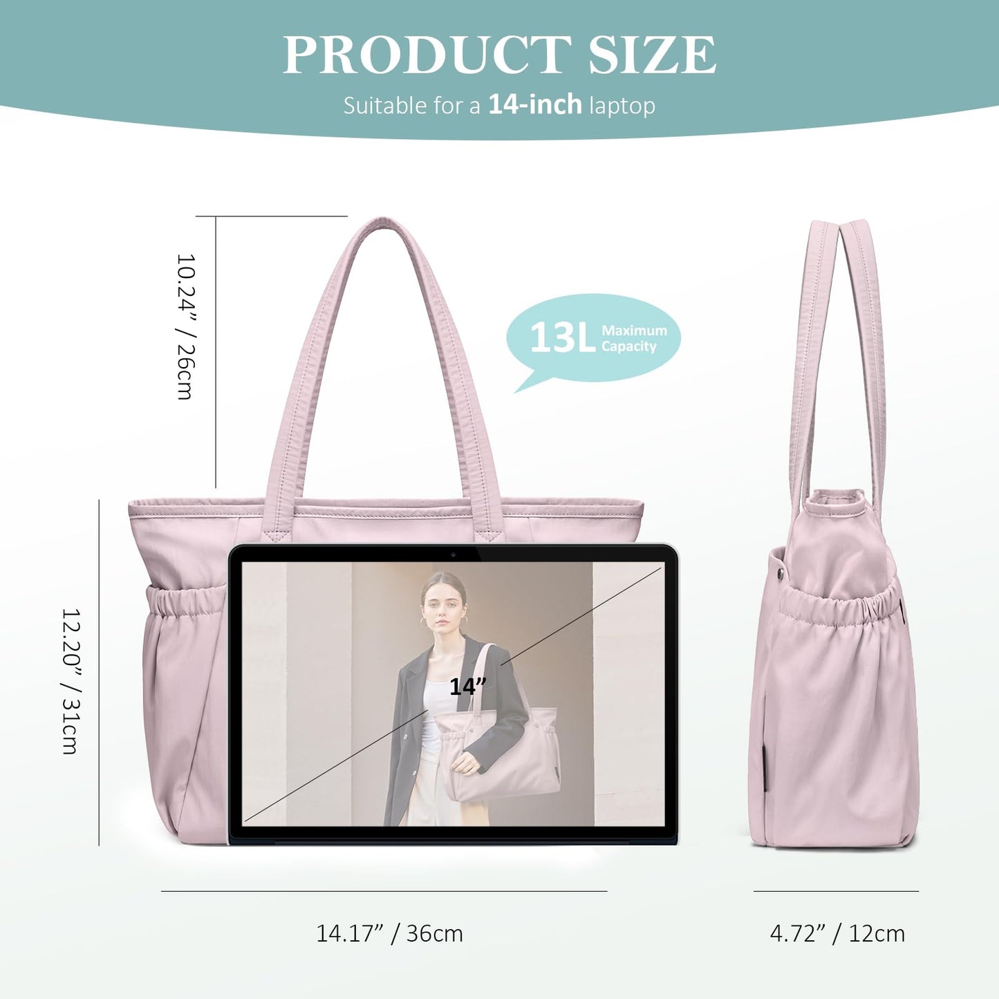 GOLF QUALITY Tote Bag for Women, Work Bags with Zipper Computer Laptop Handbag with Compartments for Travel, Daily,Fit 14Inch,Pink