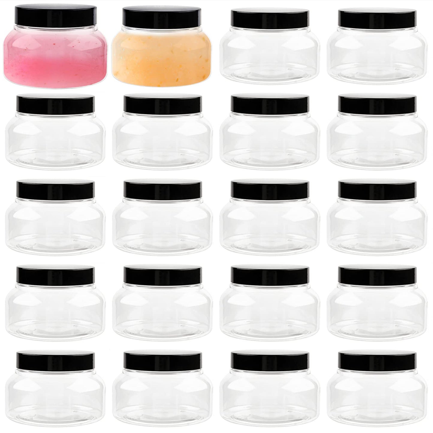 TUZAZO 8 Oz Plastic Container Tuscany Jars with Lids BPA Free, 24 Pack Empty Round Clear Cosmetic Containers Body Butter Jars for Lotion, Cream, Gel, Sugar Scrub