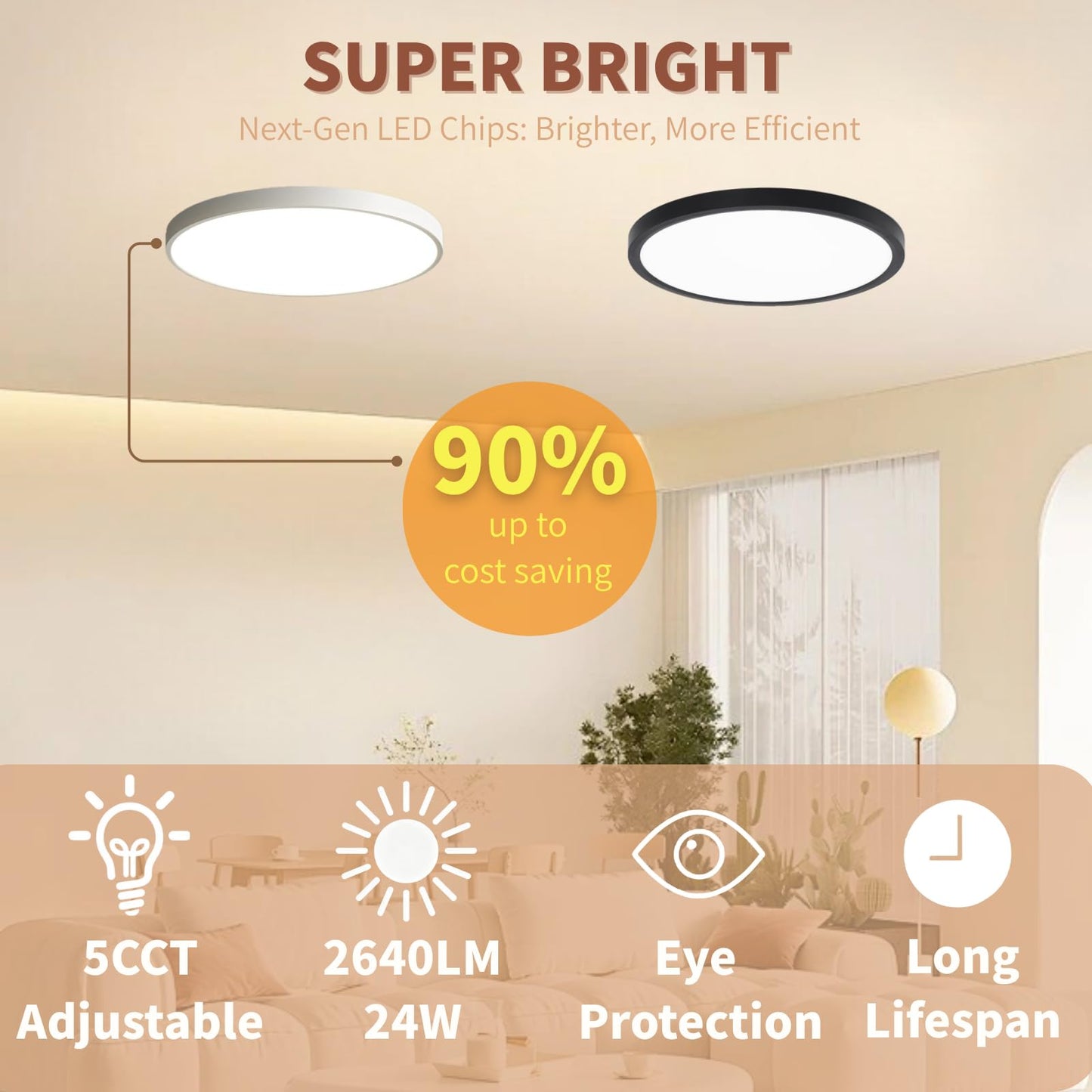 YELIOLED 6 Pack 12 Inch LED Flush Mount Ceiling Light Fixtures, 24W 2640LM 5 CCT Selectable (2700K-6500K), Non Dimmable,Wired Integrated LED Lights for Bedroom Kitchen Hallway Apartment, White