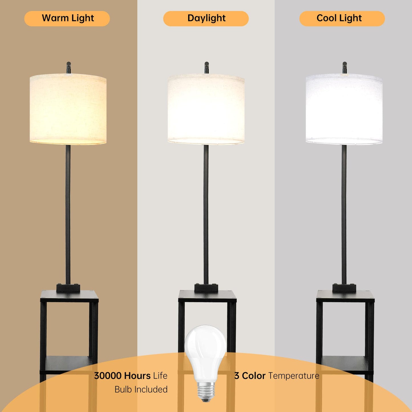 Qupui Floor Lamp with Table, Narrow Side Table with USB-A/USB-C Charging Station and AC Port, 3 Color Temperatures 12W LED Bulb, End Table for Bedroom, Living Room and Home Office, Black