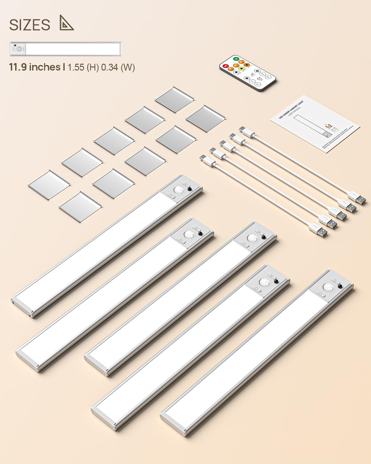 Under Cabinet Lights Wireless,11.9" Motion Sensor Light Indoor with Remote Control,2500mAh LED Rechargeable Battery Operated Closet Light,3 Color Temps,Under Counter Lights for Kitchen,Stairs,5 Pack