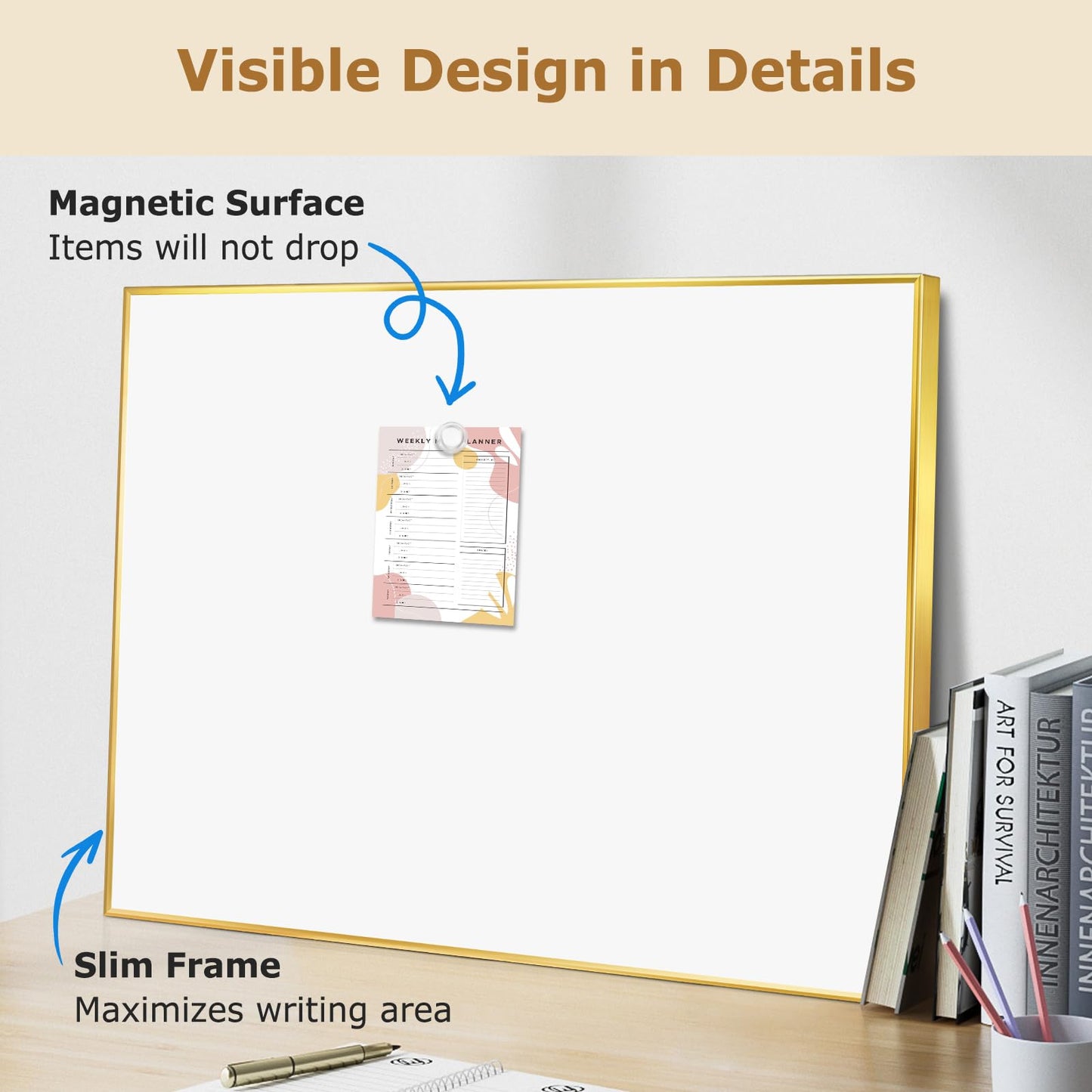 QUEENLINK Magnetic Whiteboard, 36"x24" Gold Aluminum Frame Dry Erase White Board for Wall, Large Wipe Board with 6 Magnets, 4 Markers & 1 Eraser for Home and Office