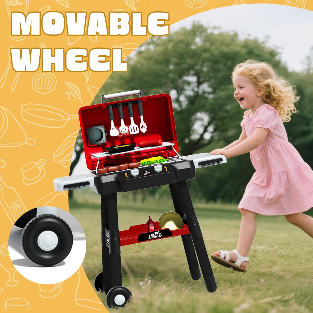 Kids BBQ Grill Playset, Kitchen Playset with Smoke Sound Light and Wheel, Movable Pretend Play Toy Grills for Kids Ages 4-8, 2-Layer Outdoor Cooking Toys for Toddlers 3-5 Birthday Gifts