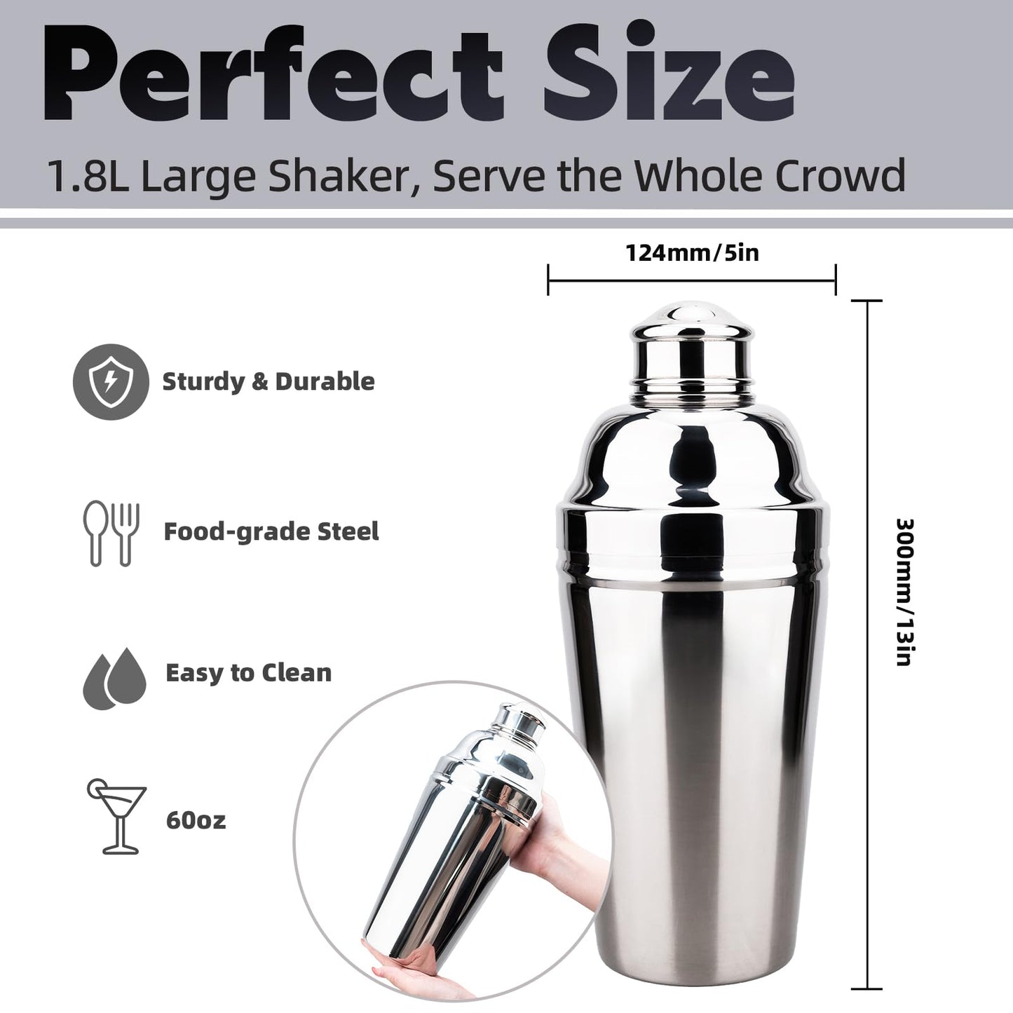 MeowvCraft 60oz Large Cocktail Shaker, Stainless Steel Bartender Professional Drink Shakers with Built-In Strainer, Martini Shaker Bar Home Mixology Tool, Sliver Large Drink Mixer Bartending Tool