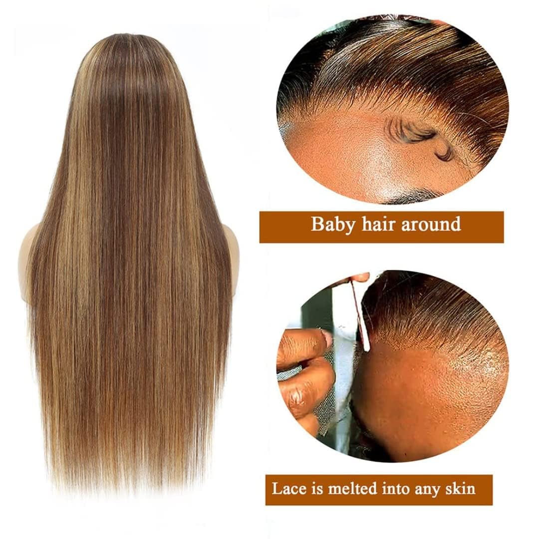 360 Lace Front Wigs Human Hair Highlight Ombre Straight Honey Blonde HD Transparent Lace Pre Plucked with Baby Hair 12A Brazilian Virgin Remy Hair P4/27 Colored Human Hair Wig 150% Density 18 Inch
