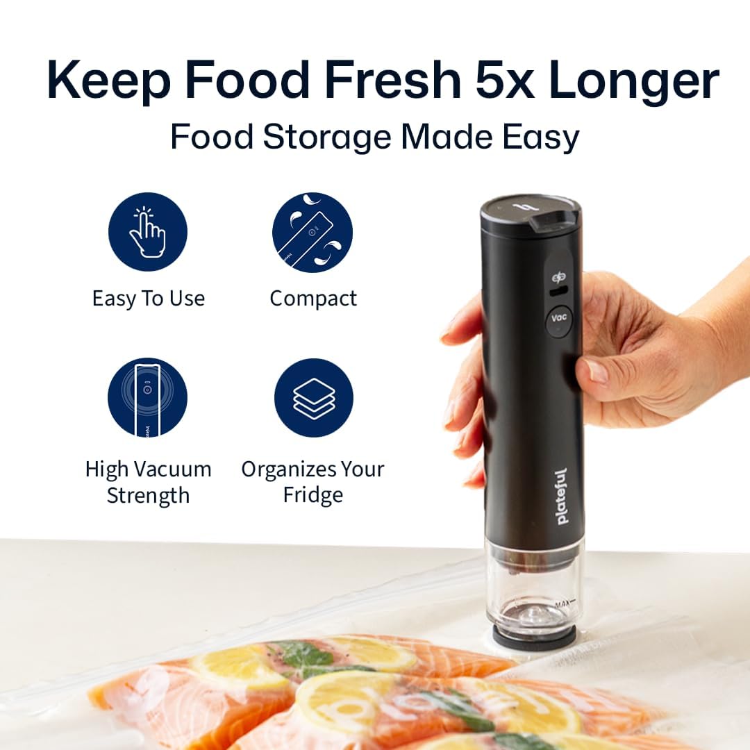 VacuSeal Handheld Vacuum Sealer for Food (15 Bags Included) - Rechargeable, Portable Cordless Food Vacuum Bag Sealer Machine, One-Touch, Compact Mini Seal for Storage, Sous Vide & Freezer Preservation