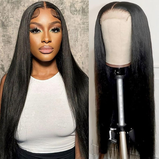 ESIWONHAIR Straight Glueless Wig Human Hair Pre-Plucked Pre Cut Lace Front Wigs for Black Women Brazilian Virgin HD Wear and Go 4x4 Lace Closure Wigs with Baby Hair (18Inch, Natural Color)
