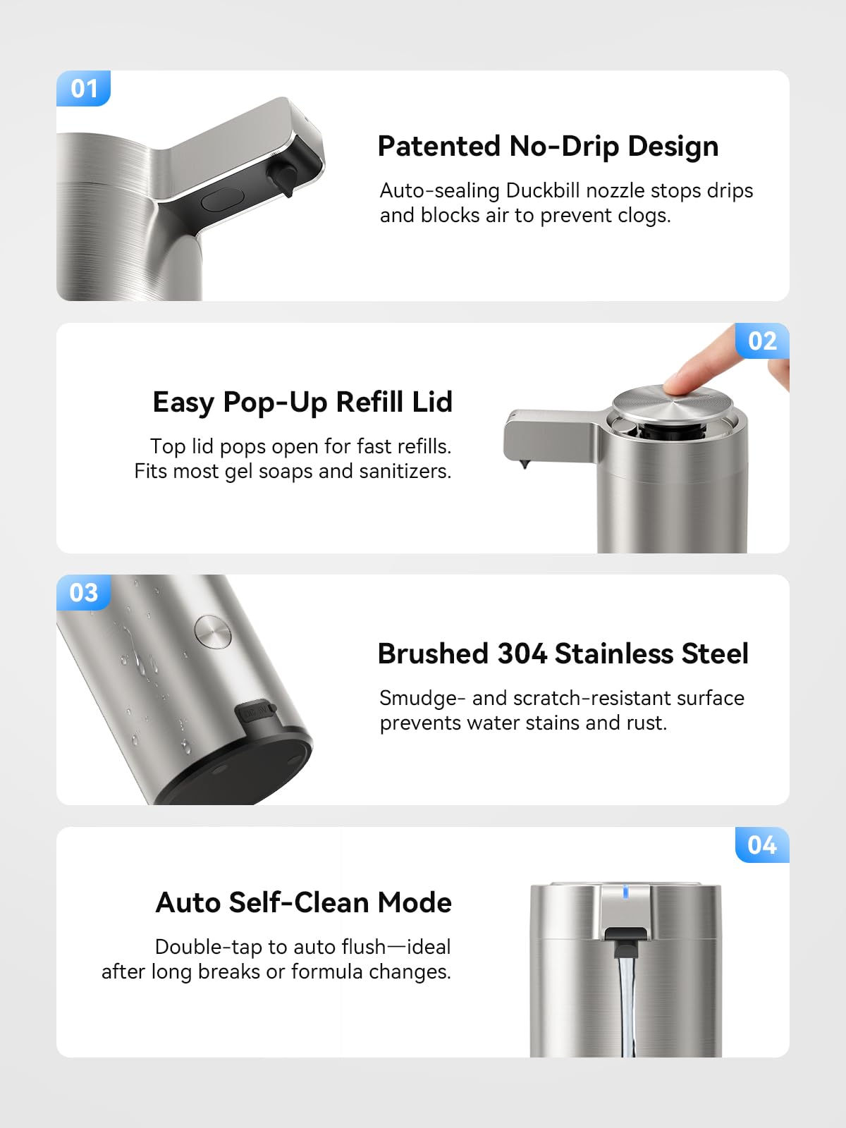 SUNLY Touchless Automatic Soap Dispenser – Clog-Free Pump, 0.2s Fast Sensor, USB-C Rechargeable, Smudge-Resistant Stainless Steel, for Kitchen & Bathroom Soap Dispenser