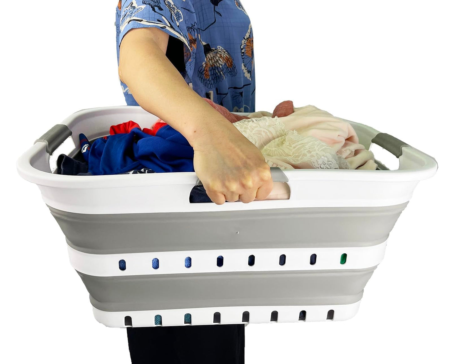 SAMMART 42L (11 gallon) Collapsible Plastic Laundry Basket - Foldable Pop Up Storage Container/Organizer - Space Saving Hamper/Basket (1, Grey/White)