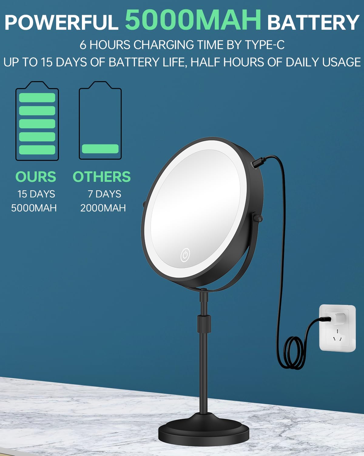 9" Lighted Makeup Mirror with 1X 10x Magnification, 5000mAh Rechargeable Led Magnifying Vanity mirror with lights, 3 Lighting Colors, Brightness Dimmable Height Adjustable Cosmetic Mirror Black
