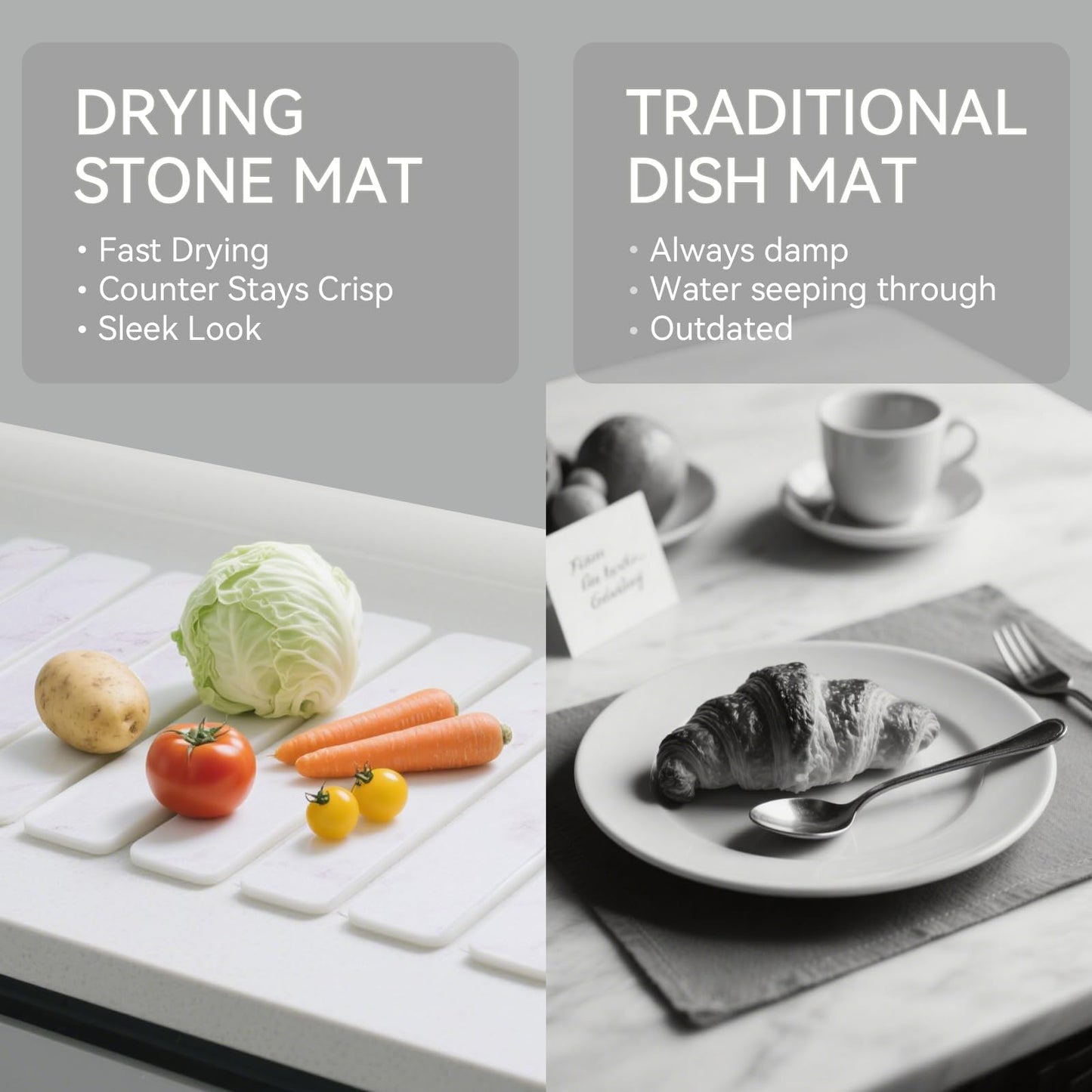 Stone Drying Mat for Kitchen Counter, 24"(L)×16"(W), Drying Matt Kitchen Counter, Stone Dish Drying Mat, Foldable Diatomaceous Earth Mat