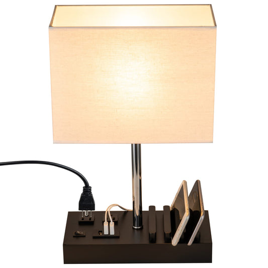 Briever Upgraded 3 USB Table Lamp with 2 USB A & C Charging Ports, Bedside Desk Lamp with 2 AC Outlets and Wooden Phone Stand Organizer, Ideal Nightstand Lamp for Bedroom, Guest Room, Office