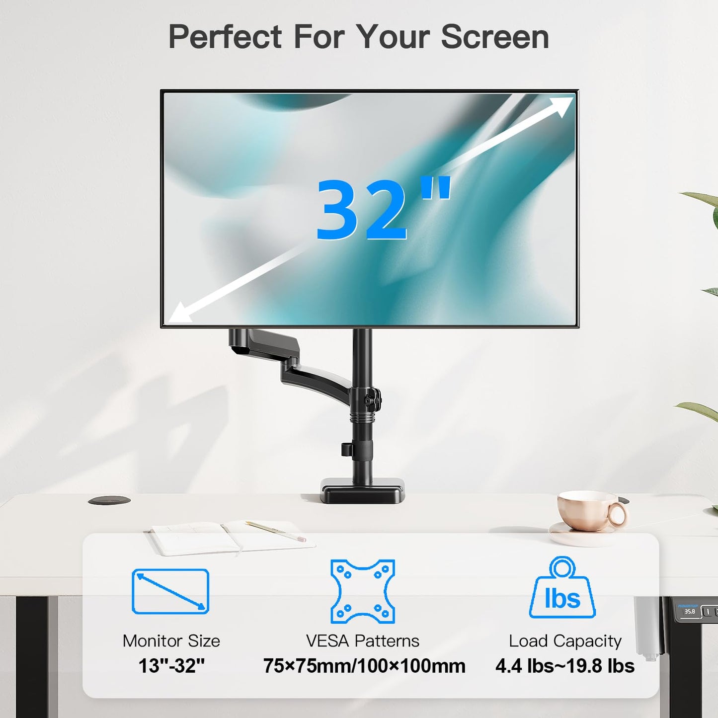ErgoFocus Long Arm Monitor Mount, 13 to 32 inch Computer Desk Mount, Extra Long Adjustable Stand, Hold up to 19.8lbs, Tall Arm with Tilt, Swivel, Rotation, VESA 75/100mm