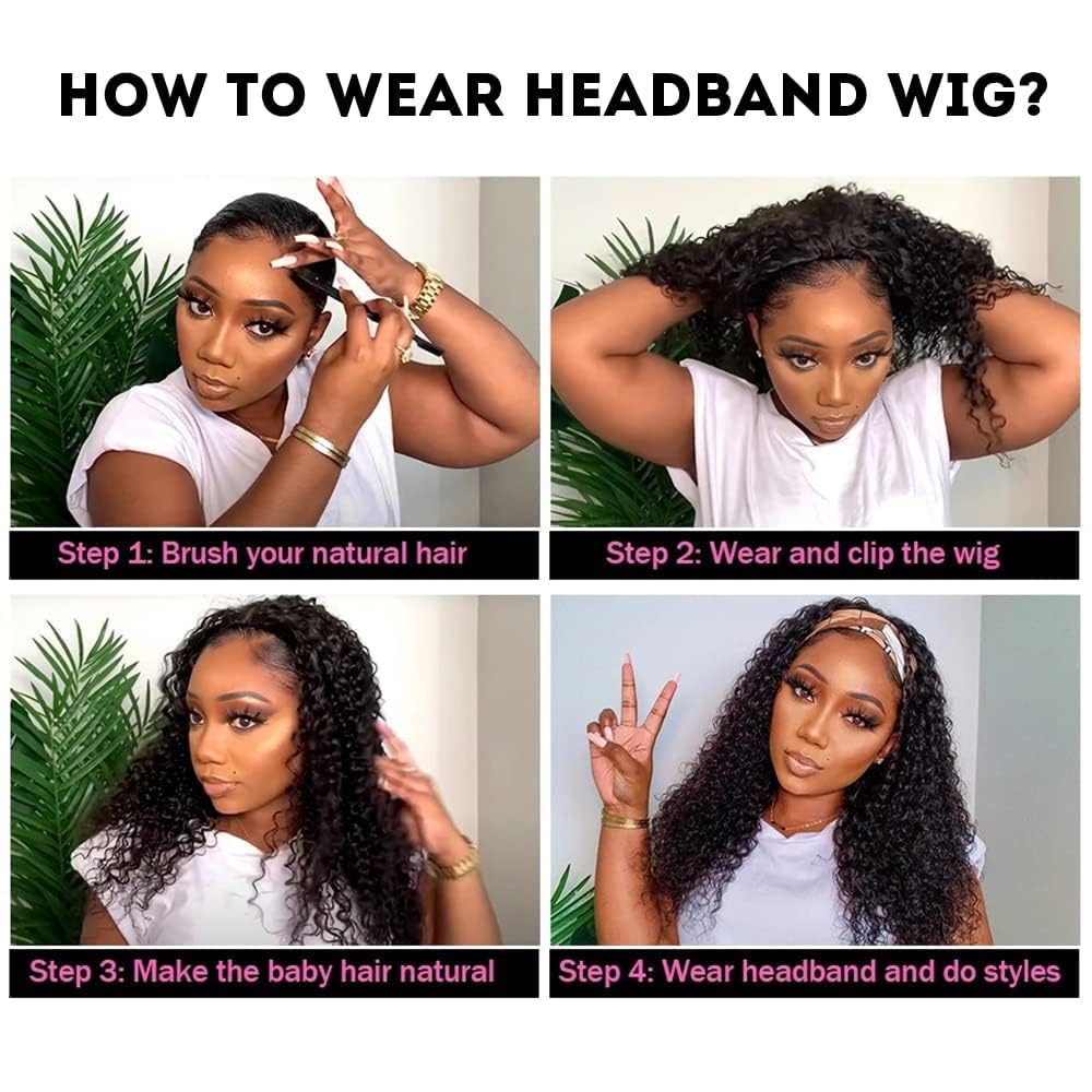 Deep Wave Headband Wig Human Hair 26 inch Glueless Non Lace Front Wig Machine Made Wigs 150% Density Brazilian Wet and Wavy Curly Hair Headband Half Wigs for Black Women Human Hair Natural Color