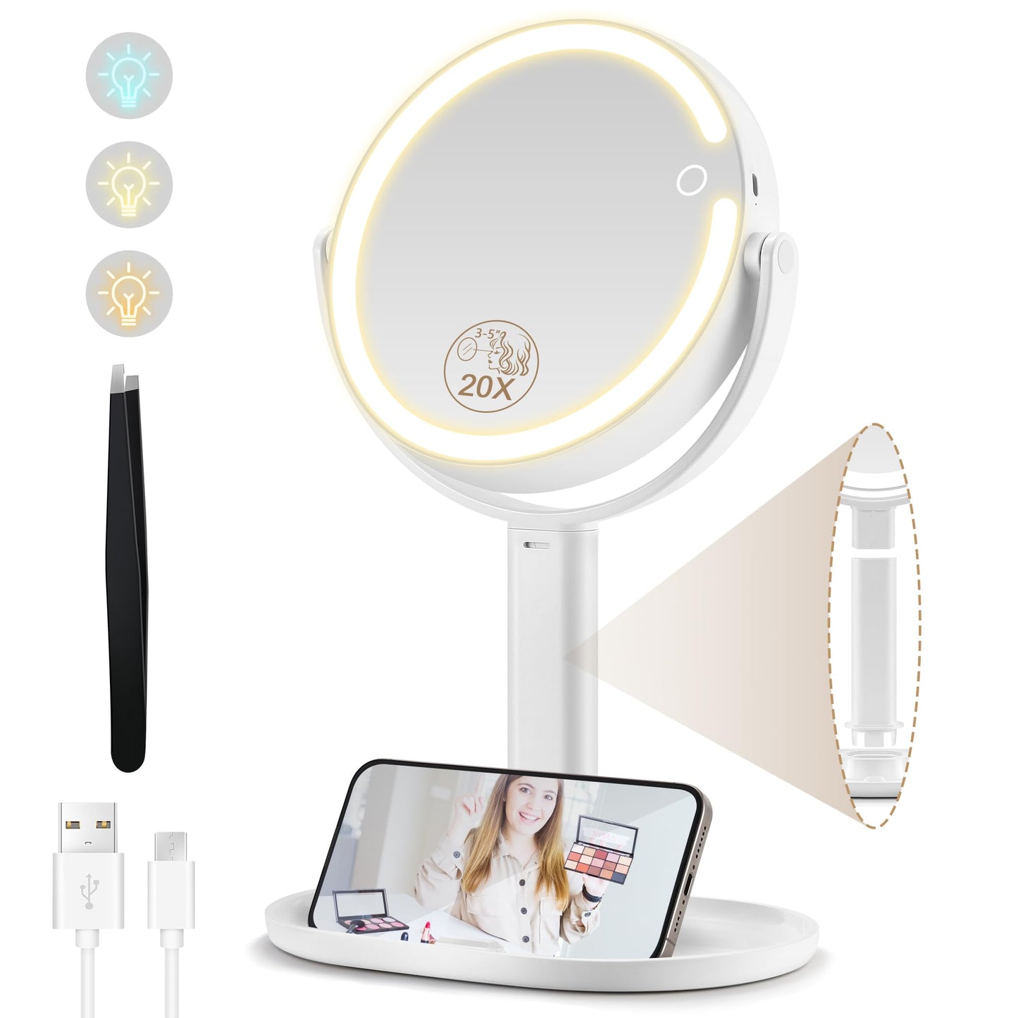 MOMOKUBA Makeup Mirror with Lights, Double Sided 1x/20x Magnifying Mirror with Light, Rechargeable 3 Color Lights and Adjustable Brightness, 360° Rotation Detachable Comes with Tweezer(White)
