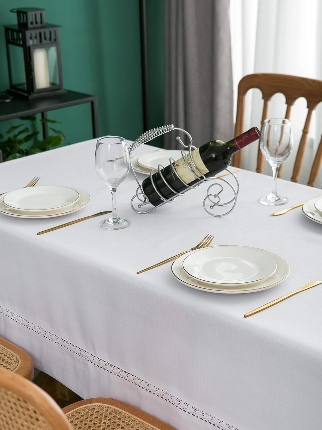 EHouseHome Fabric Table Cloth of Textile with White Lace-Waterproof/Wrinkle Free/Stain Resistant/Oil Proof-for Dining,Indoor&Outdoor,Wedding,Holiday,White,Rectangle 60x144Inch