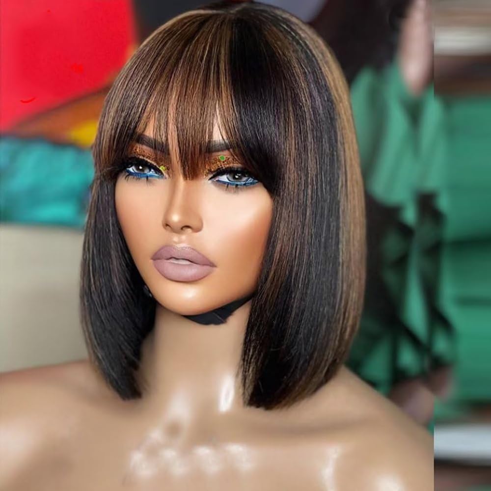 QuinluxWigs Short Bob Human Hair Highlight Wigs with Bangs Ombre 1B/30 Color 13X4 HD Transparent Lace Front Wigs Brazilian Human Hair 10 inch Glueless Wigs for Black Woman 150% Density Bangs Wig